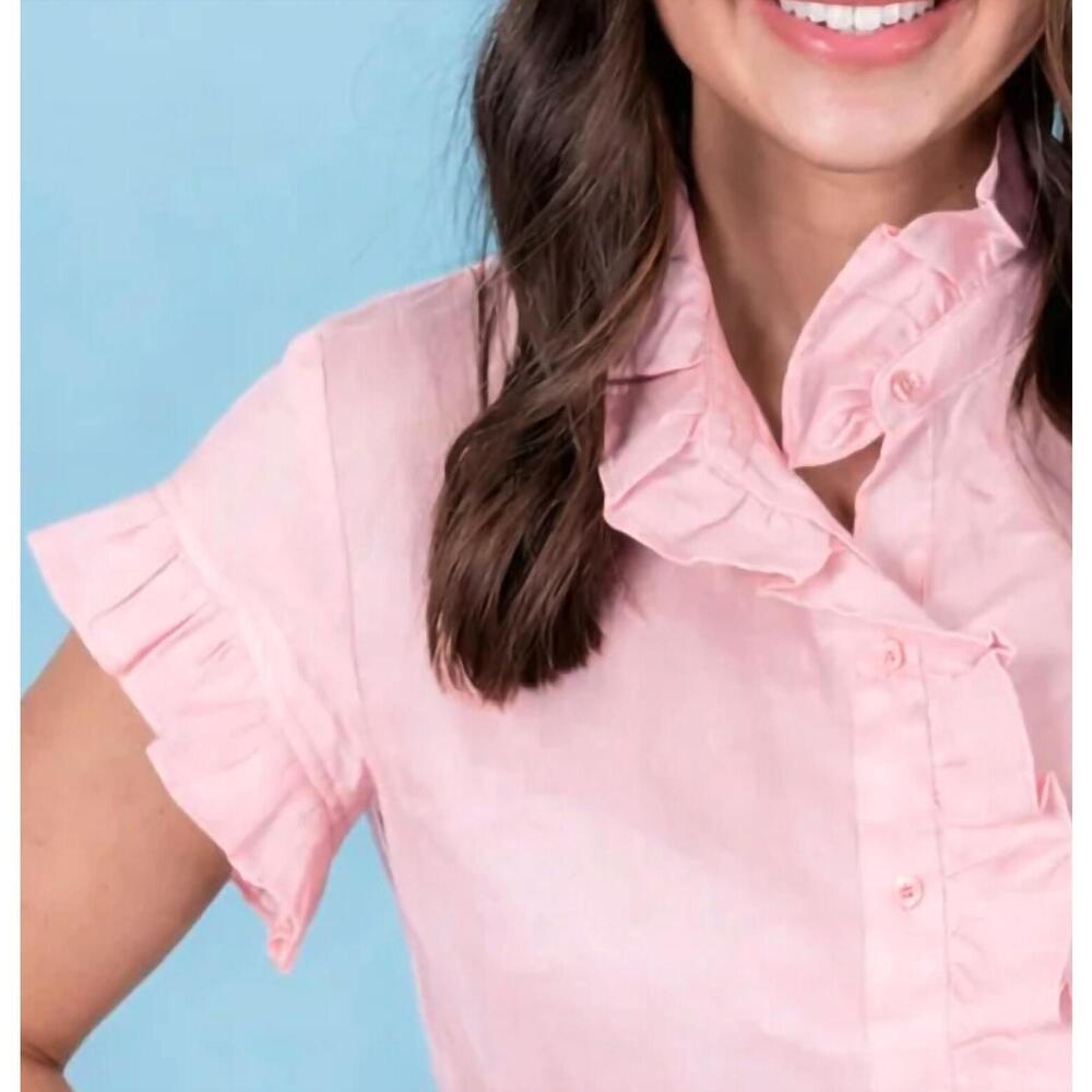 NEW ENGLISH FACTORY ruffle linen top in pink - Picture 4 of 4